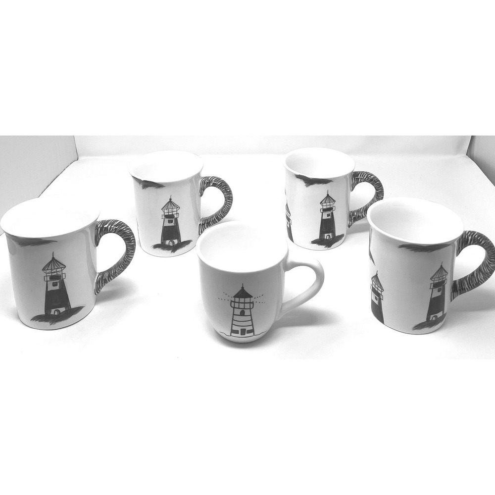 Vintage By The Sea Trish Richman Set 4/Mugs By The Sea Navy Blue Lighthouse New